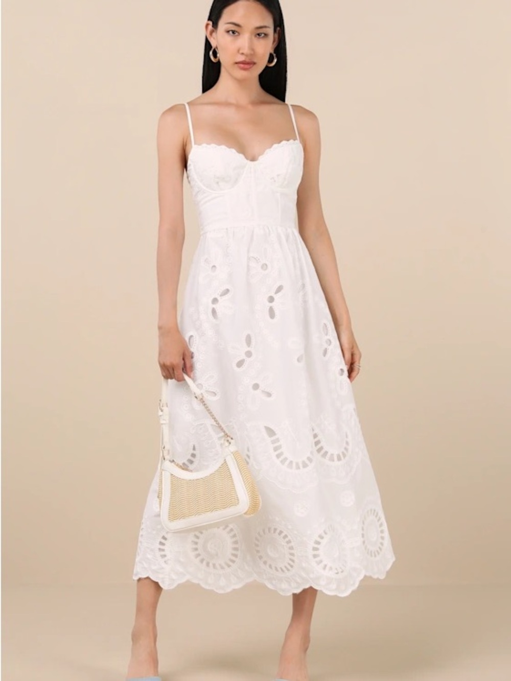 Lulus Jenora Embroidered Bustier Midi Dress White Basic Sleeved Large